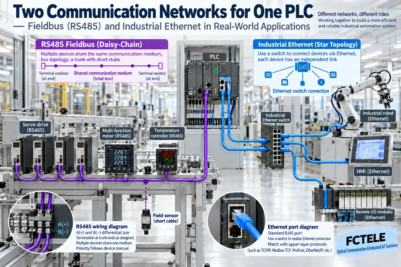 Typical serial fieldbus and switched industrial Ethernet show different connection organizations; actual topology and protocols should be confirmed according to the system used.