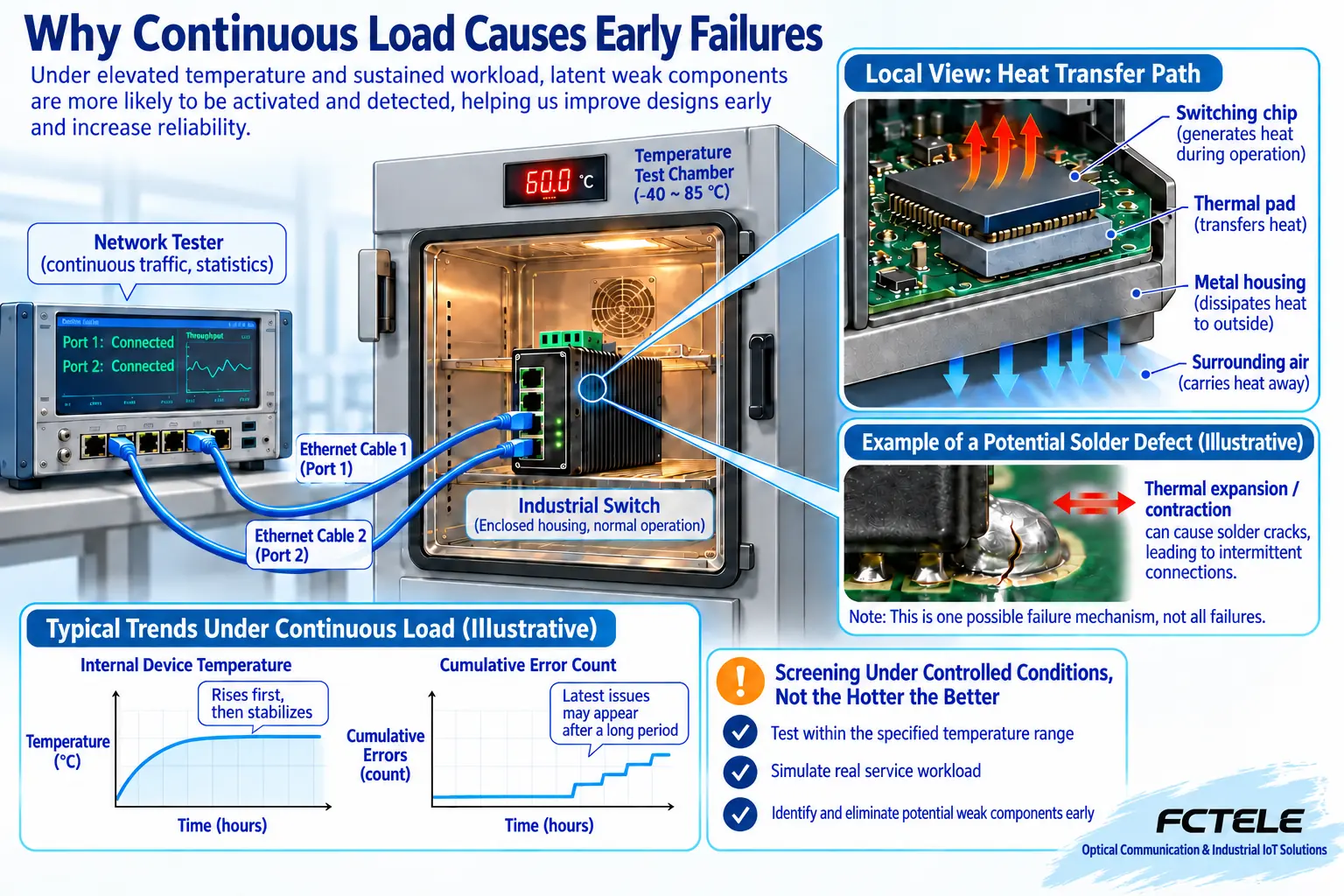 Illustration of an industrial switch forwarding test traffic in a controlled temperature chamber, with chips dissipating heat through thermal pads and a metal enclosure, and local solder joints changing with heat