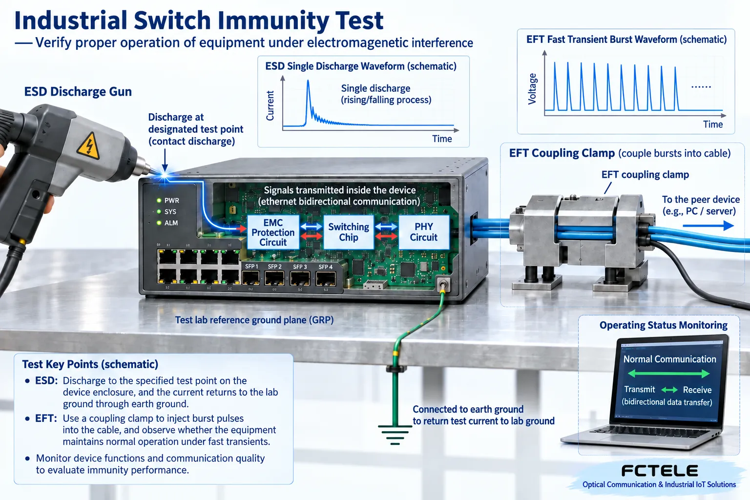 Static electricity and fast transients affect the switch through different paths; formal testing requires professional setup