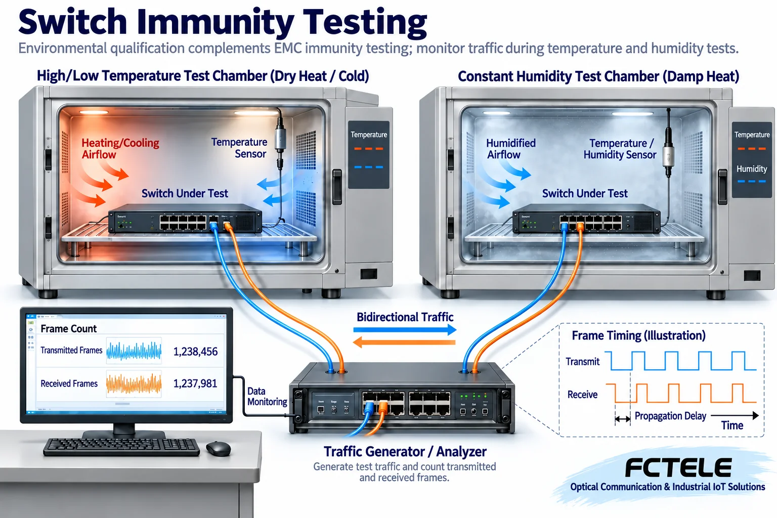 Dry heat, dry cold, and damp heat tests separately monitor the environment and network business; the send/receive counts are only illustrative