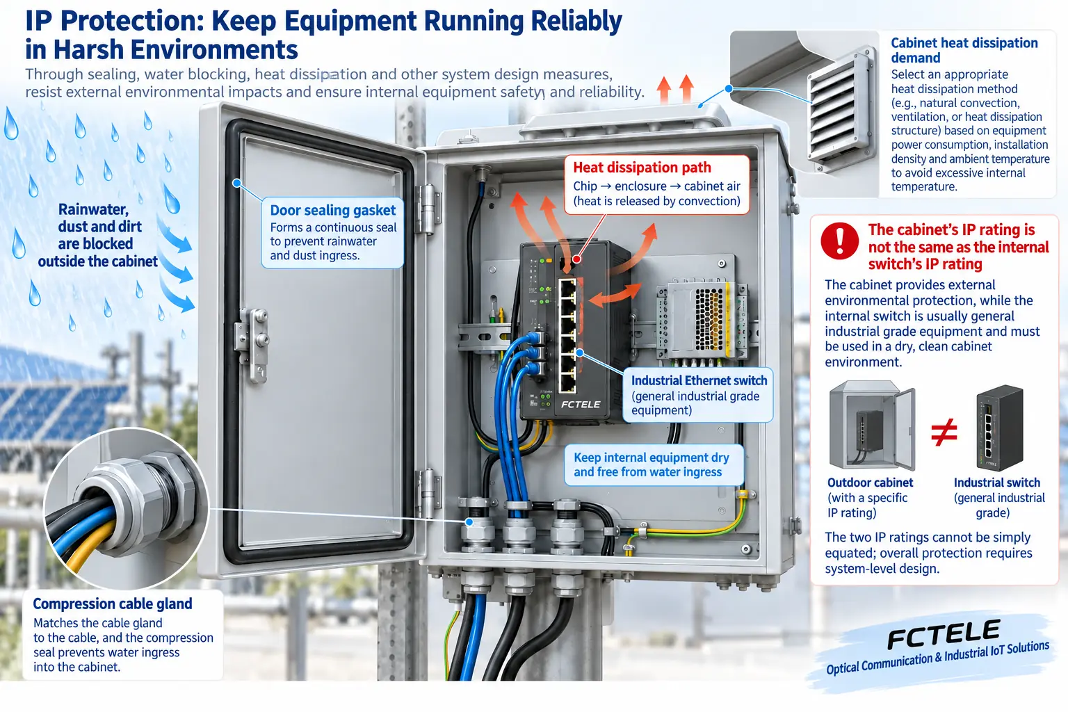 Illustration of cabinet door seams and cable sealing entries forming a water protection boundary while the internal switch dissipates heat