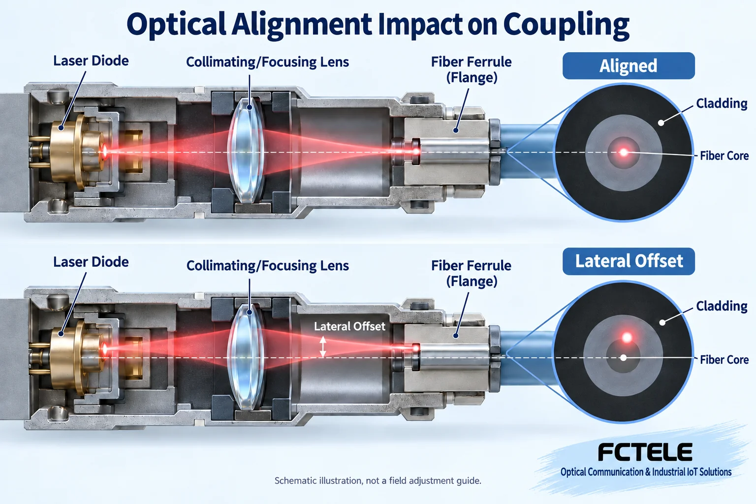 Comparison of effective light paths for light source, lens, and fiber coupling under aligned and laterally offset conditions