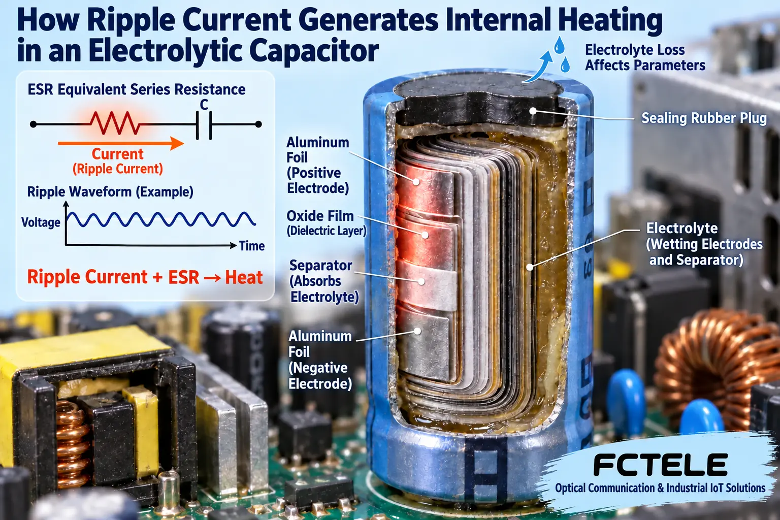 Diagram of a power supply capacitor cutaway and its relationship to ripple current, equivalent series resistance, and internal temperature rise