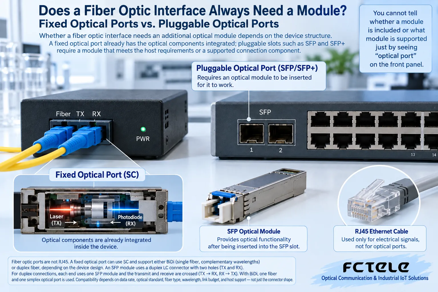 A fixed optical port already has the optical components integrated, while a pluggable slot needs a component supported by the host; the shape does not equal complete capability.
