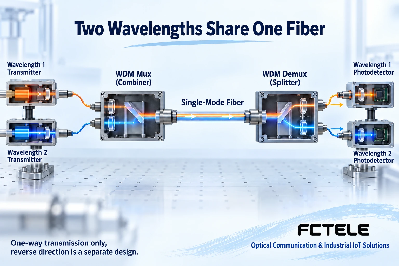 Two wavelength channels pass from optical transmitters through a multiplexer and one fiber to a demultiplexer and separate receivers; reverse transmission needs its own design
