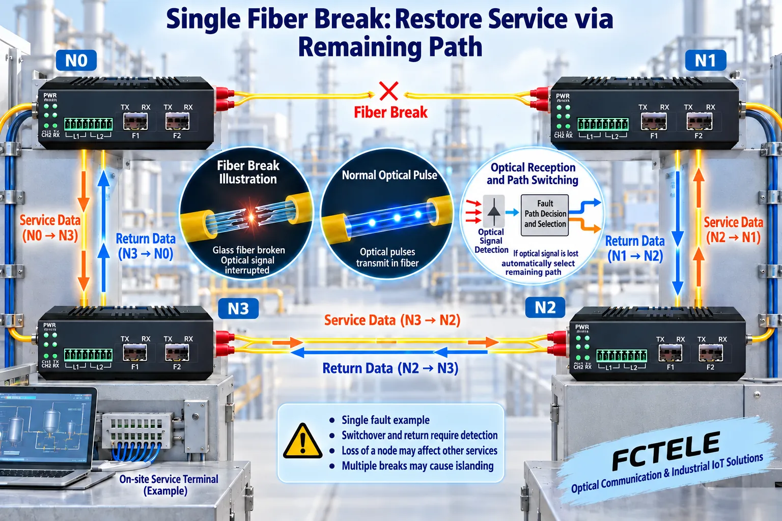 After one fiber break, requests and replies go through the other three intact optical paths