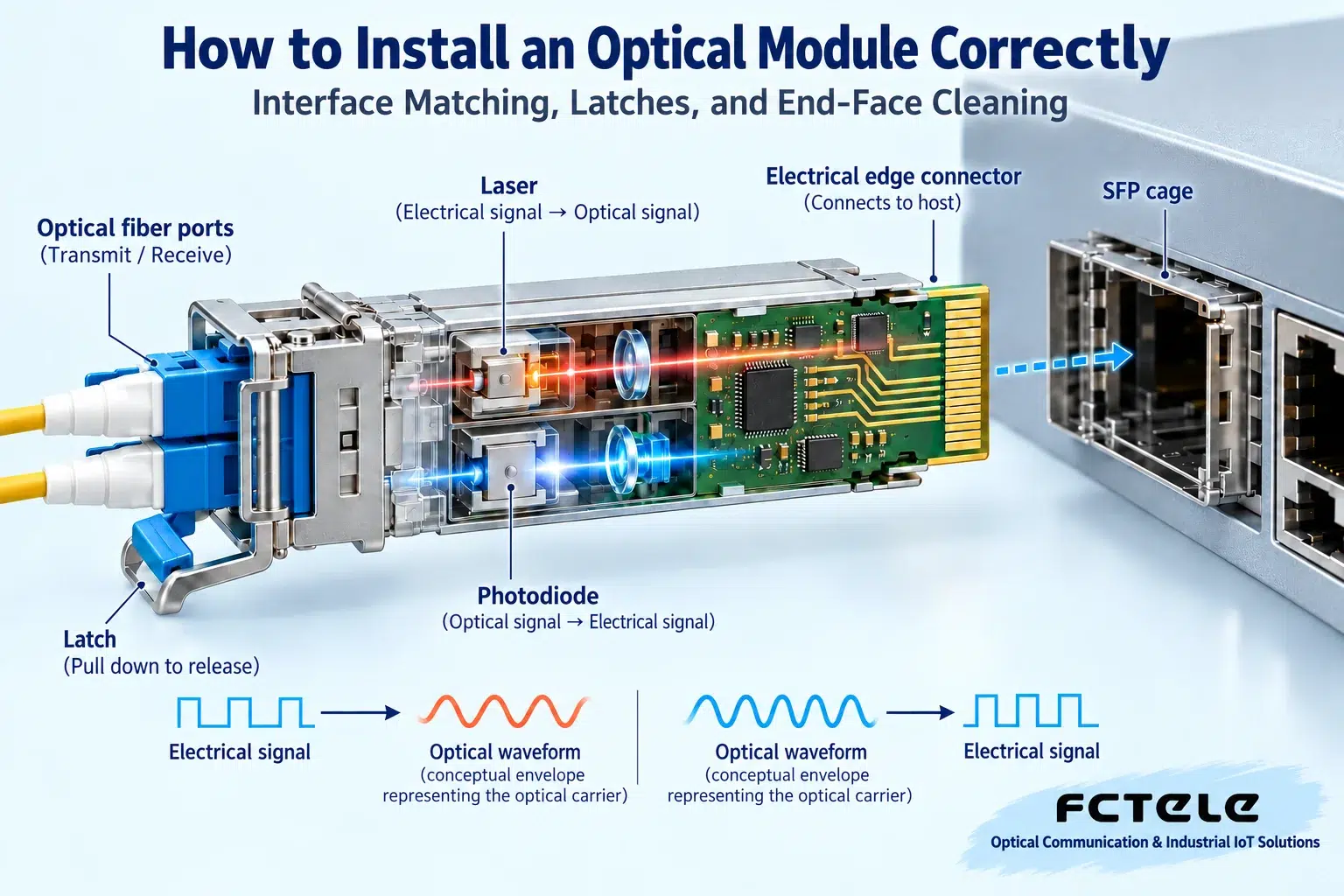 The host electrical interface, optical transmit and receive, and mechanical locking each perform different tasks; for specific structures, follow the corresponding manual.