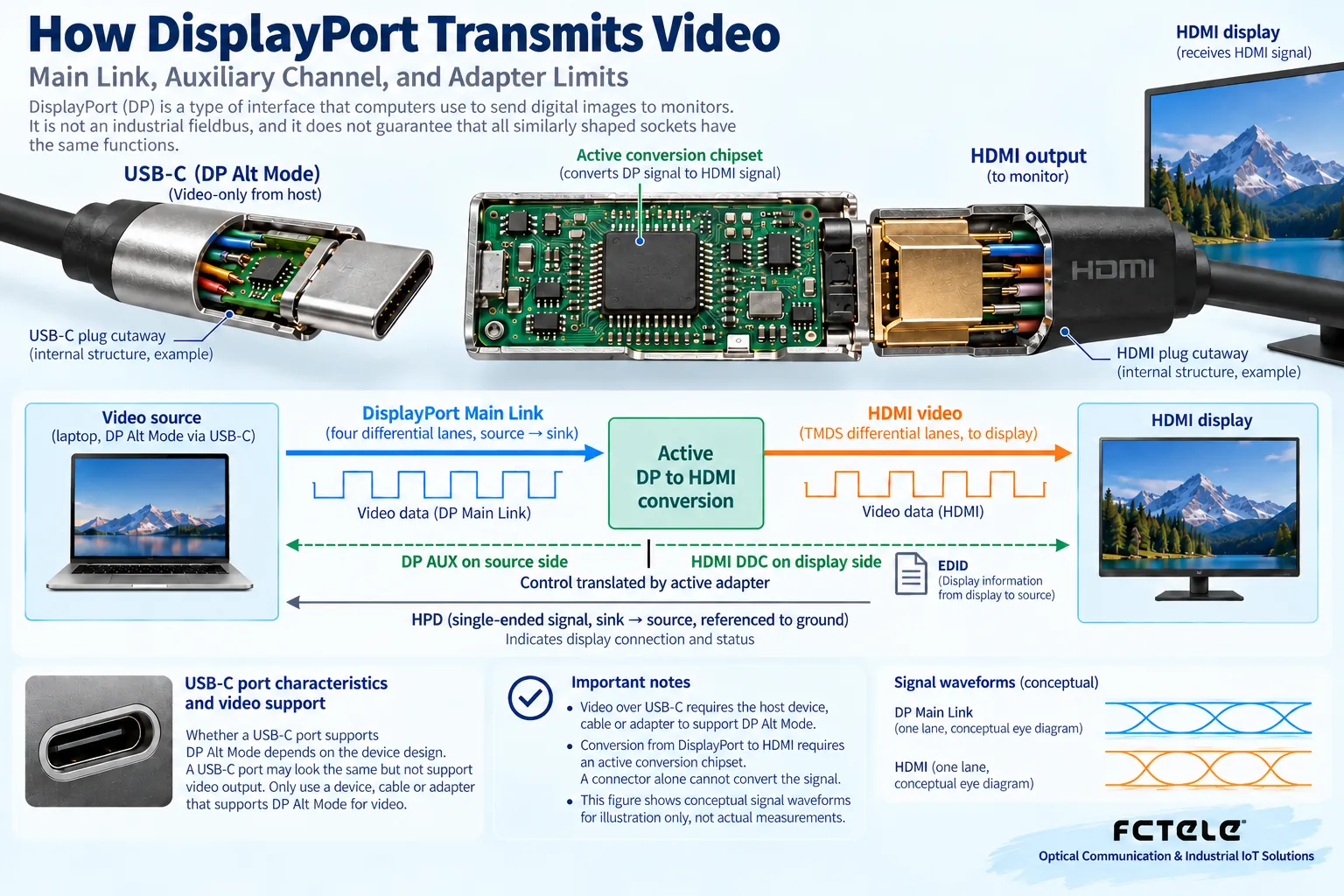 USB-C must have the corresponding video capability; video conversion has direction and supported mode limits.