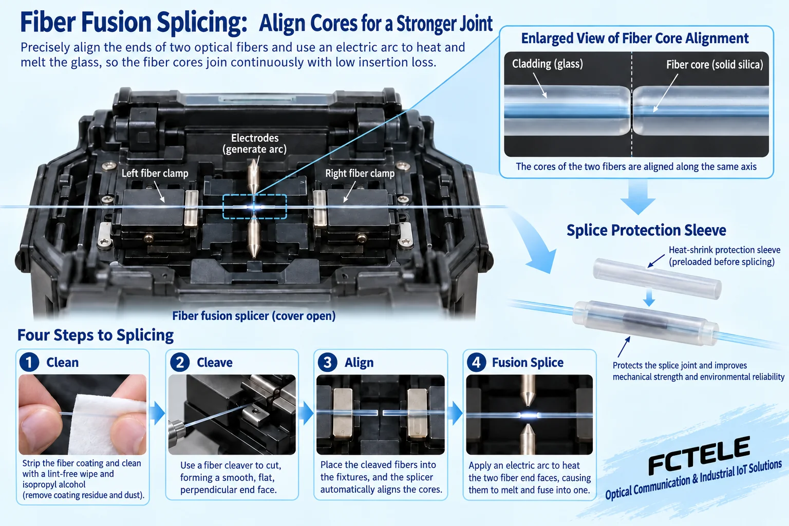 Fusion splicer forms a splice through core alignment and arc fusion, then protects the bare fiber with a protection sleeve