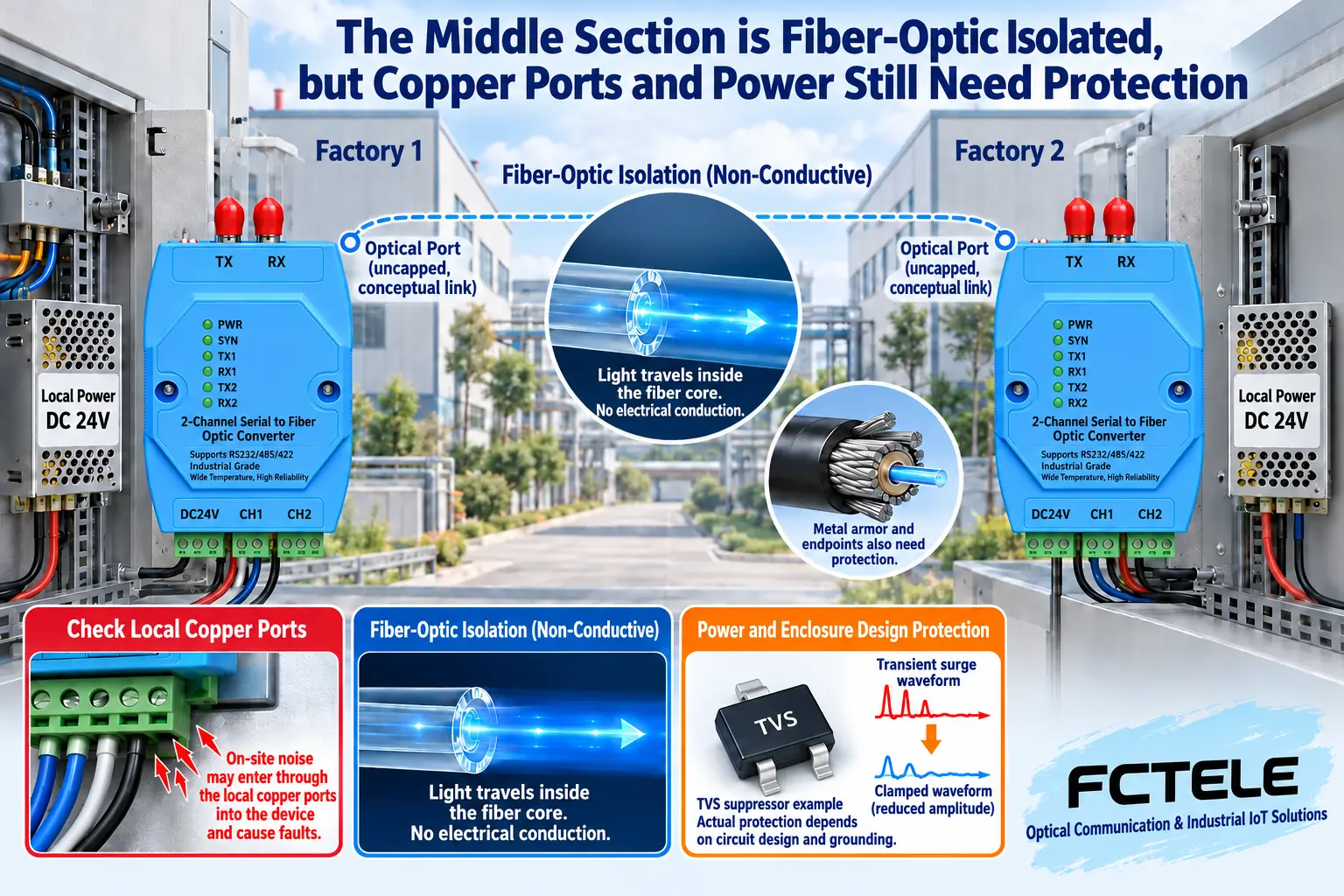 Fiber separates the middle conductive path, but copper ports and power supply still need protection