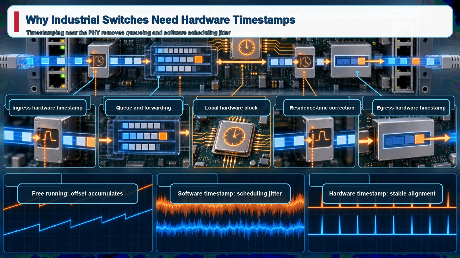 Industrial Ethernet switch hardware timestamp and residence time path