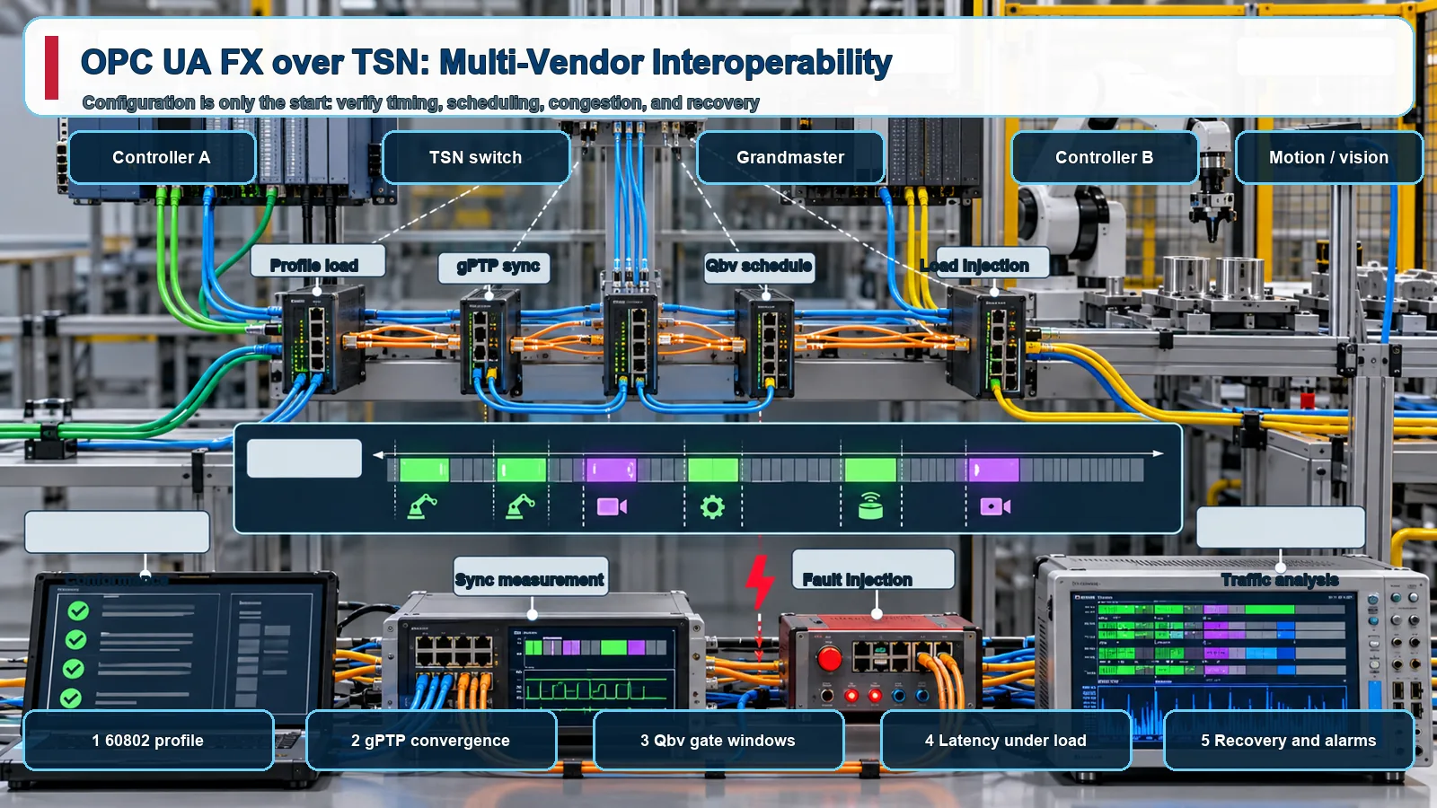 PTP and TSN multi-vendor industrial interoperability testbed