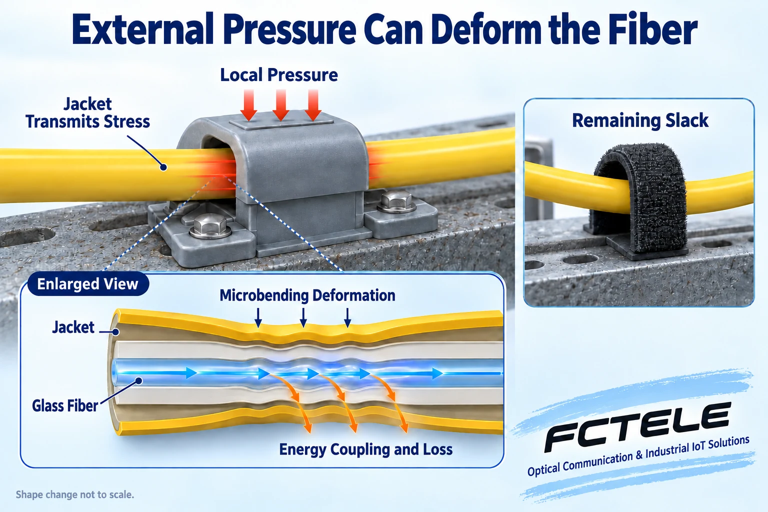 Local pressure transmitted through a jacket to tiny fiber-axis deviations and optical coupling