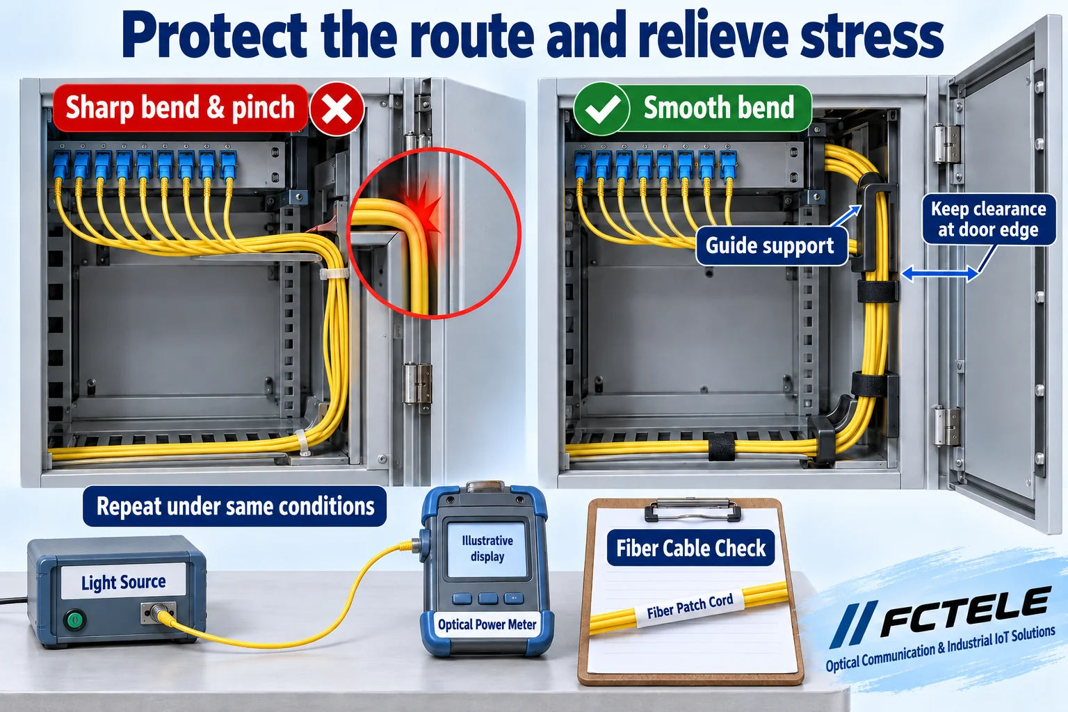 Cabinet route comparison showing tight bends, pressure, smooth supports and an offline test