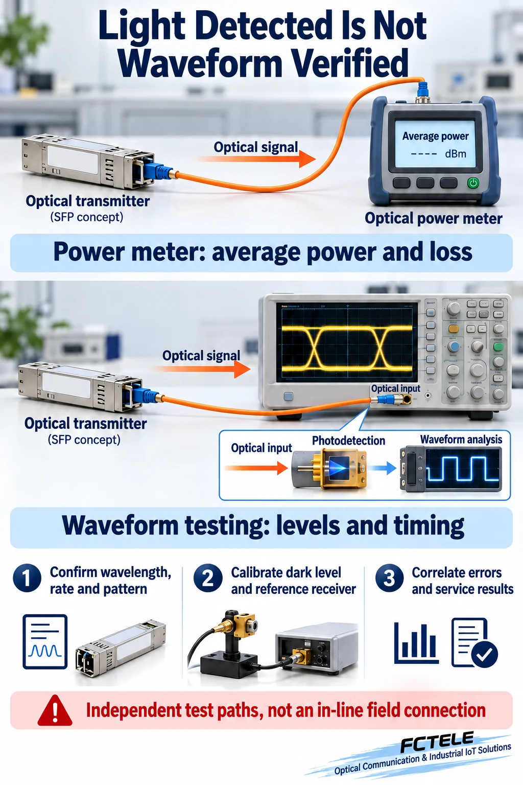 Separate optical power meter and optical waveform test connections with their evidence boundaries