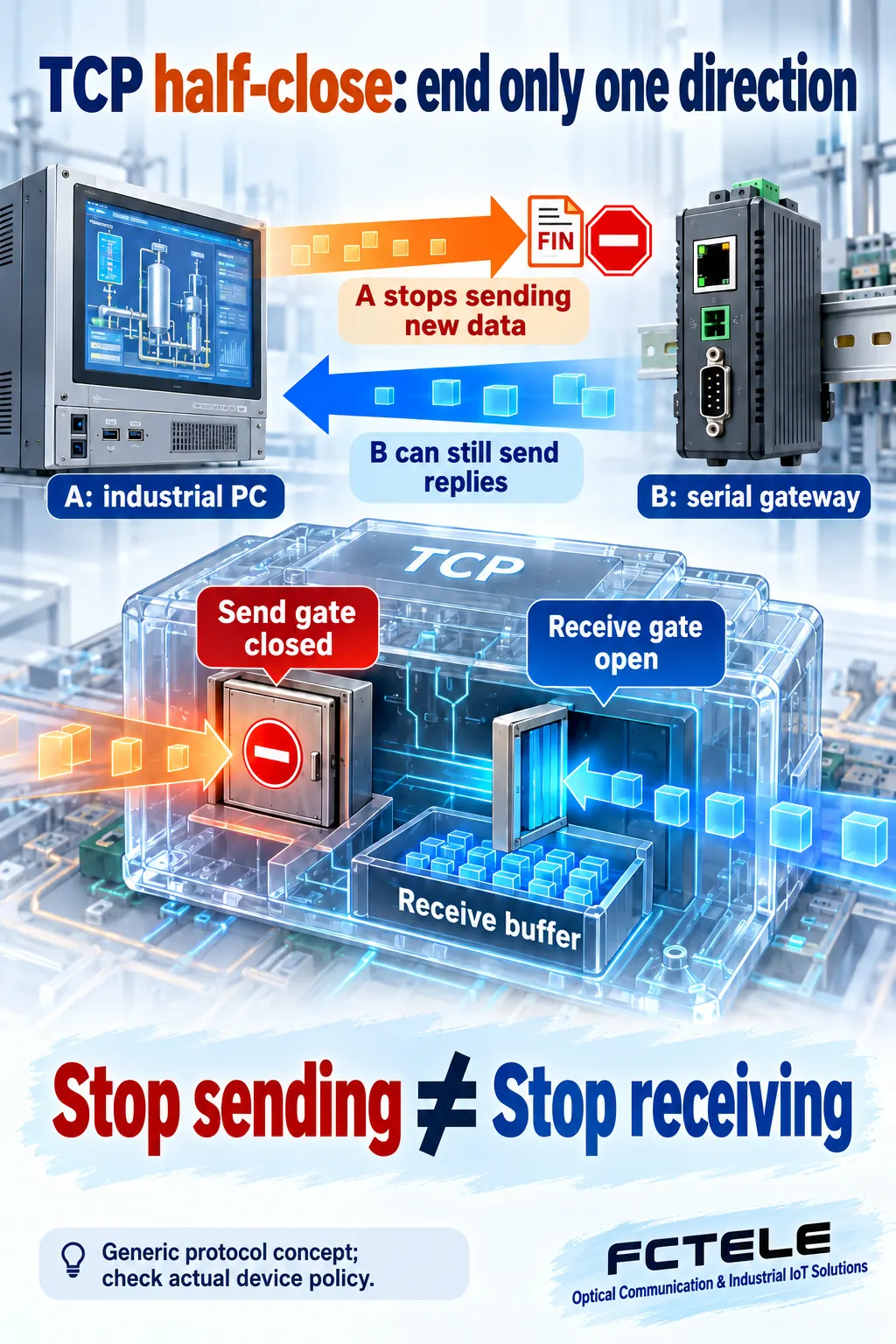Independent TCP directions with A ending sends while B can still send a reply