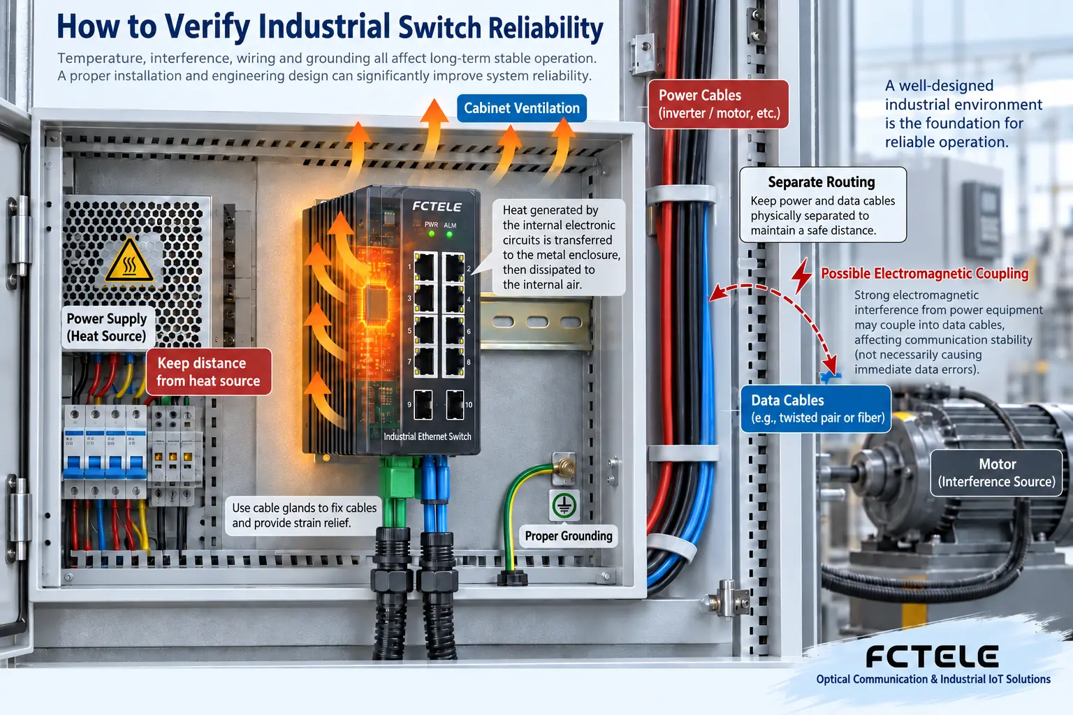 Heat inside an industrial switch conducts to the metal enclosure and is carried away by air, data cables are routed separately from interference sources, and grounding follows the system design