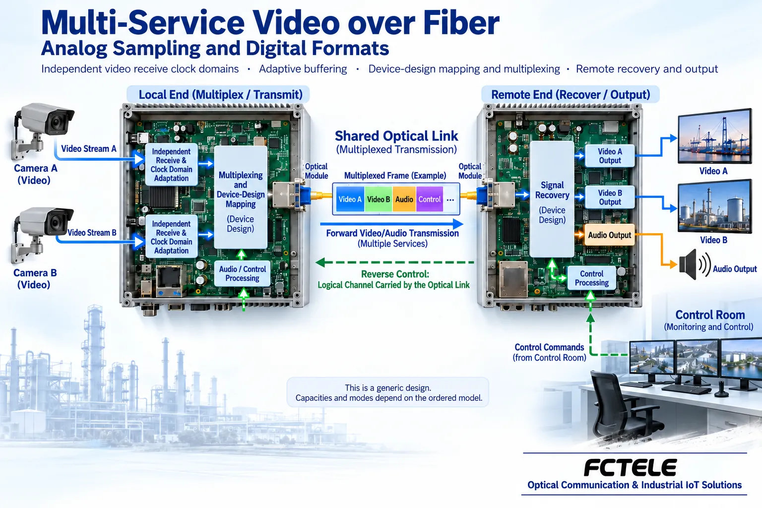 Multiple video receive clock domains adapted and multiplexed for common transport and separate recovery plus reverse control channel