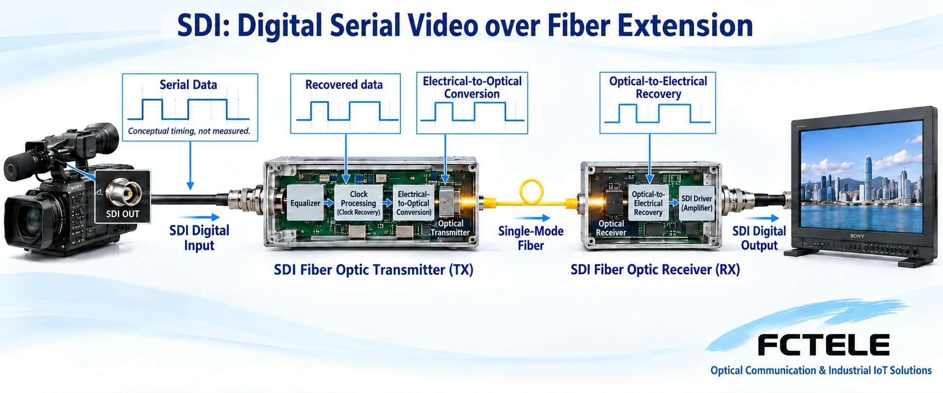 SDI is already serial digital video. A typical optical extension path processes the input and clock before electrical-to-optical conversion; it does not need to include H.264 encoding.
