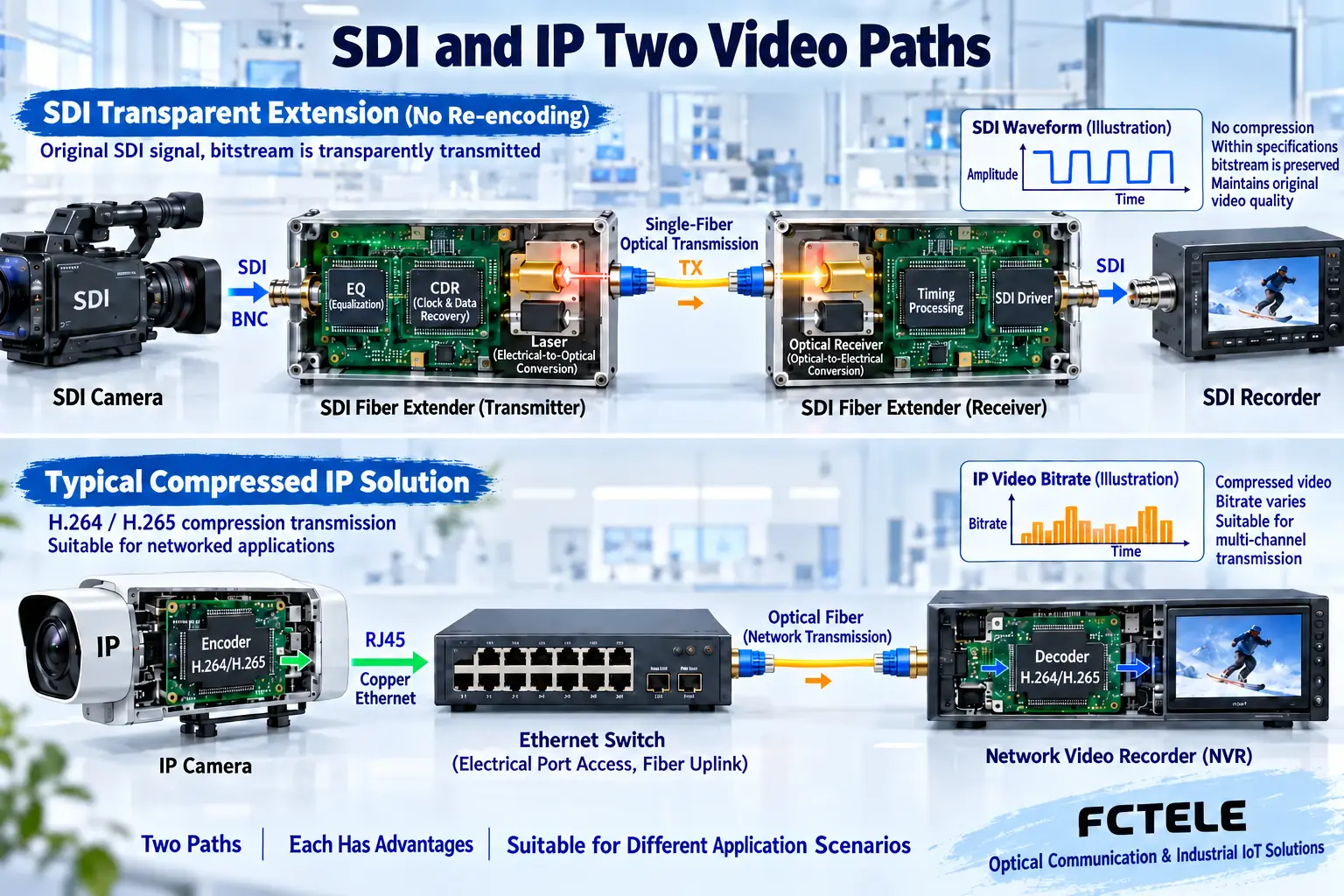 SDI transparent transmission and common compressed IP systems are independent processing paths, and there is no direct plug-in compatibility.
