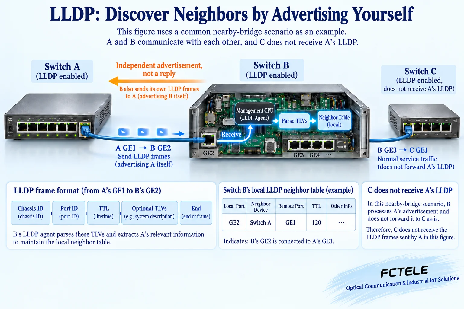 Switch A advertises port identity to adjacent switch B; B's management processor parses the TLV and builds a local neighbor table; the reverse advertisement proceeds independently
