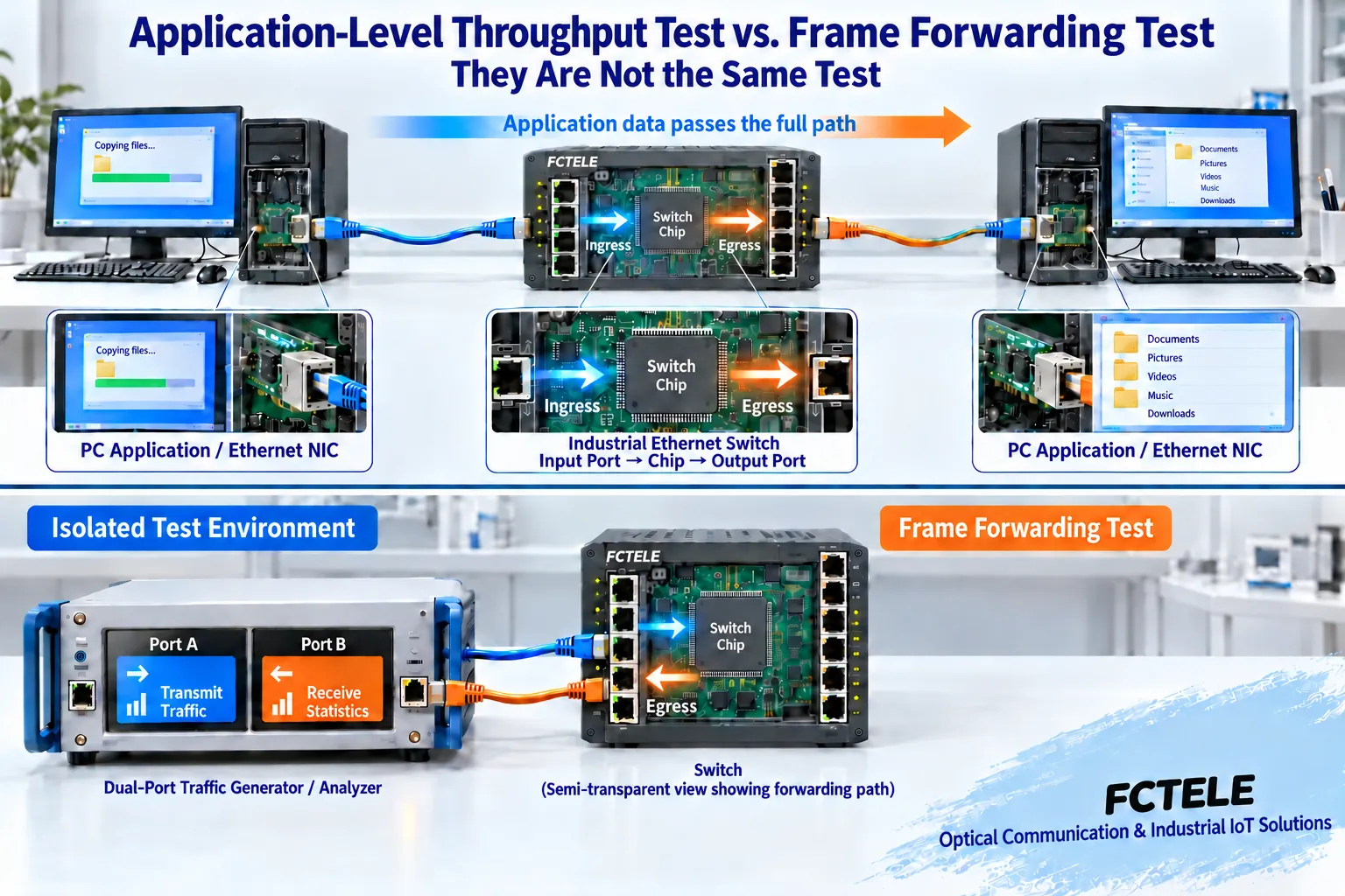 Application speed testing passes through the entire path of hosts and switches, while dedicated forwarding testing generates and counts data frames in an isolated environment by a tester