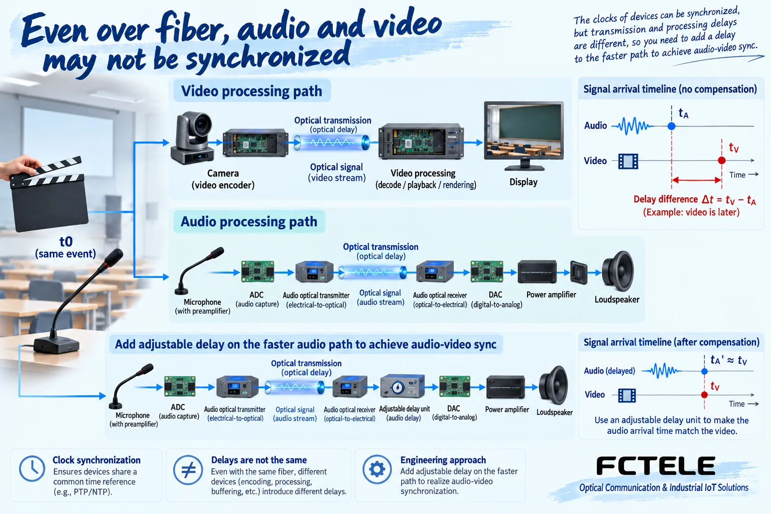 The same clapperboard event passing through video and audio paths separately, comparing arrival times and adding adjustable delay to the faster audio path to align audio and video