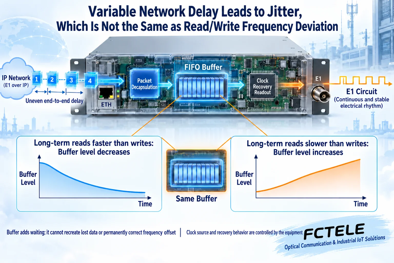 Cutaway diagram of uneven packets entering a buffer and being read out by the recovered clock, plus long-term read/write frequency relationship changing the water level