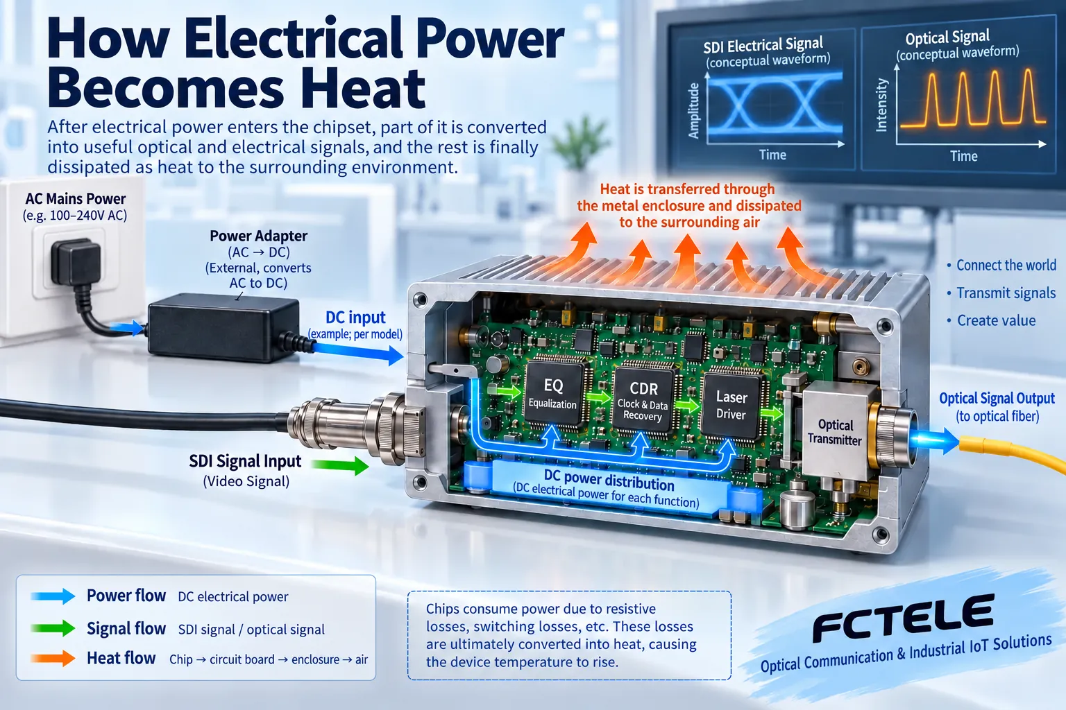 Electrical energy input and heat dissipation are different paths; the device, enclosure, and air all participate in heat transfer.