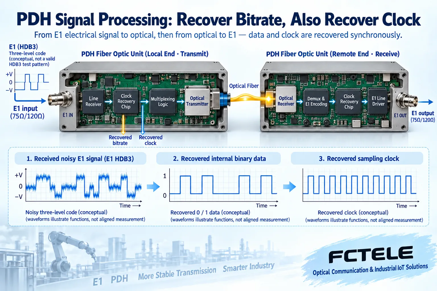 General processing path for E1 line reception, clock recovery, optical transmission, and far-end reconstruction