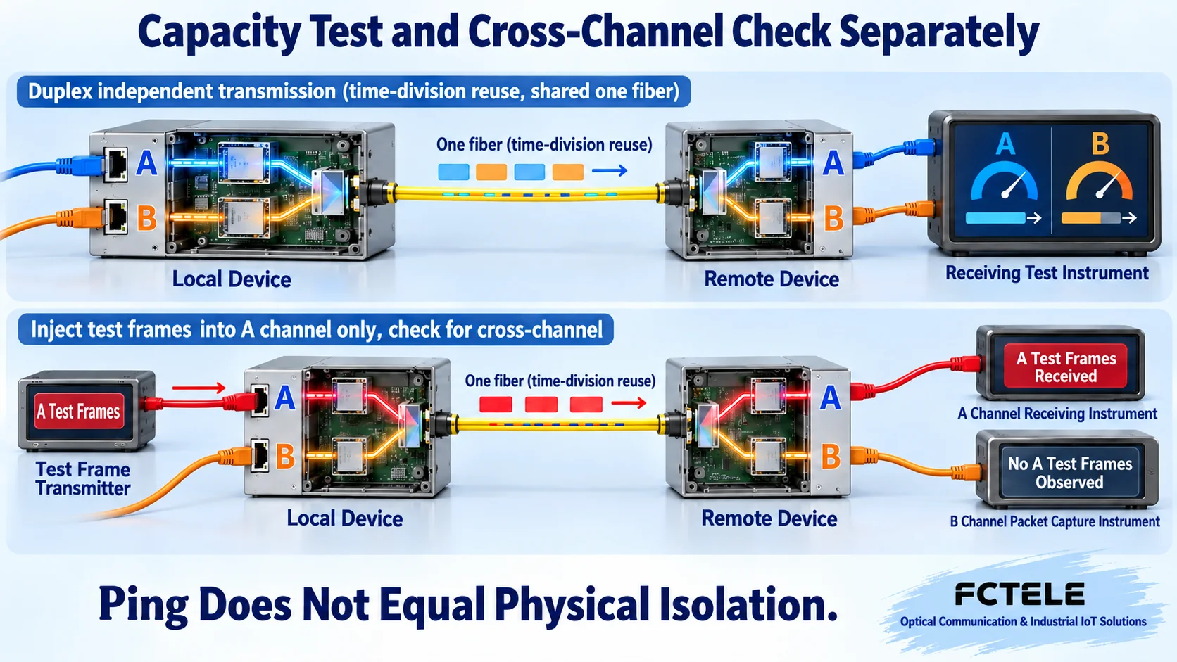 Concurrent load separately counts A and B channels, and cross-channel verification captures packets at remote B to check for A test frames that should not appear