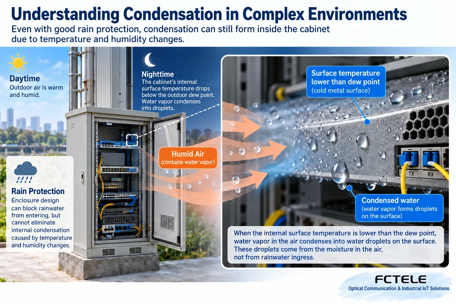 Cutaway diagram of humid air contacting a cold enclosure below the dew point and forming condensation