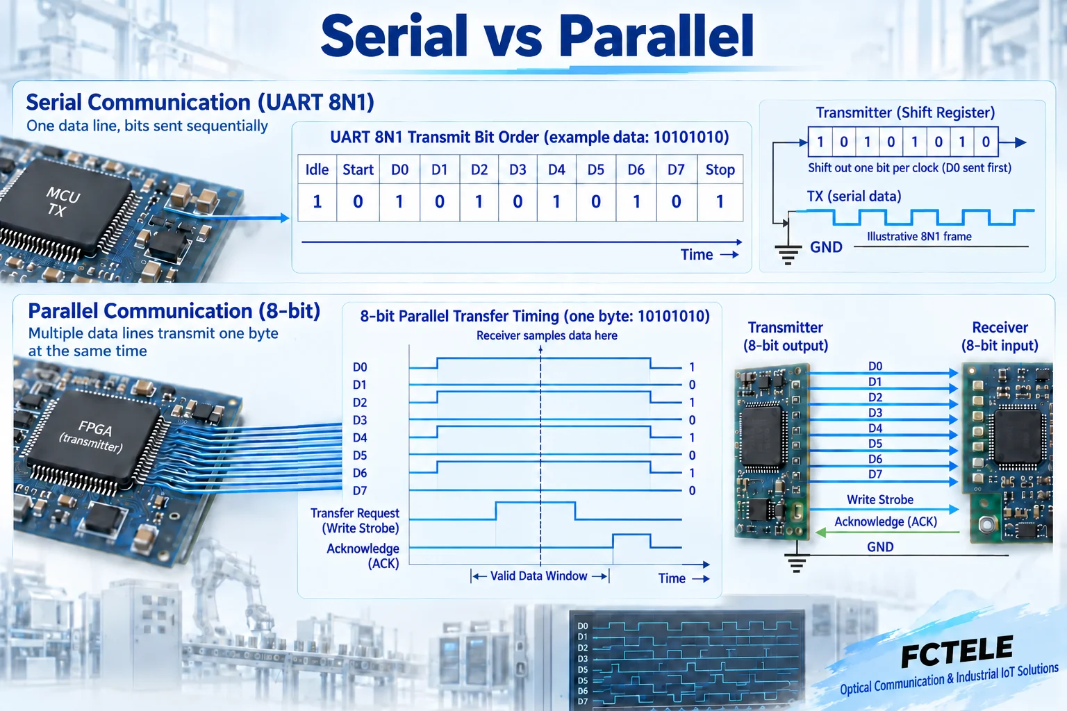 Comparison of UART 8N1 bit-by-bit sending with eight-bit parallel data, strobe, and acknowledgment