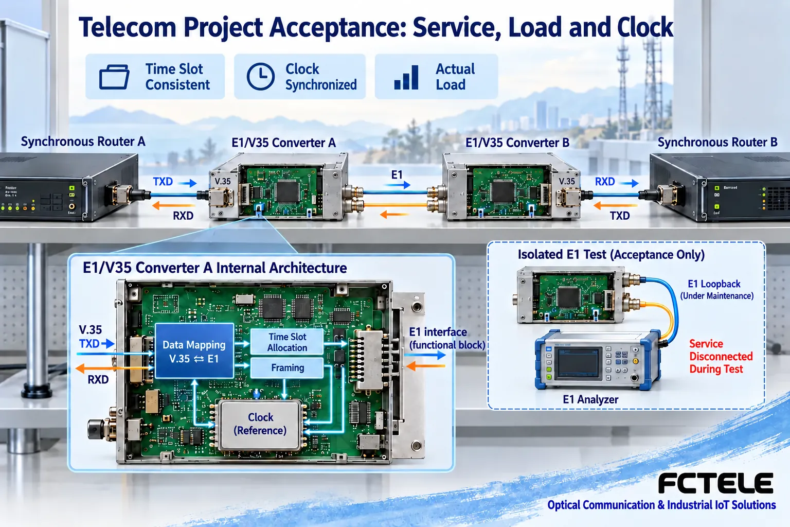 Manufacturer solution separately verifying E1 and V35 interface adaptation and industrial message mapping