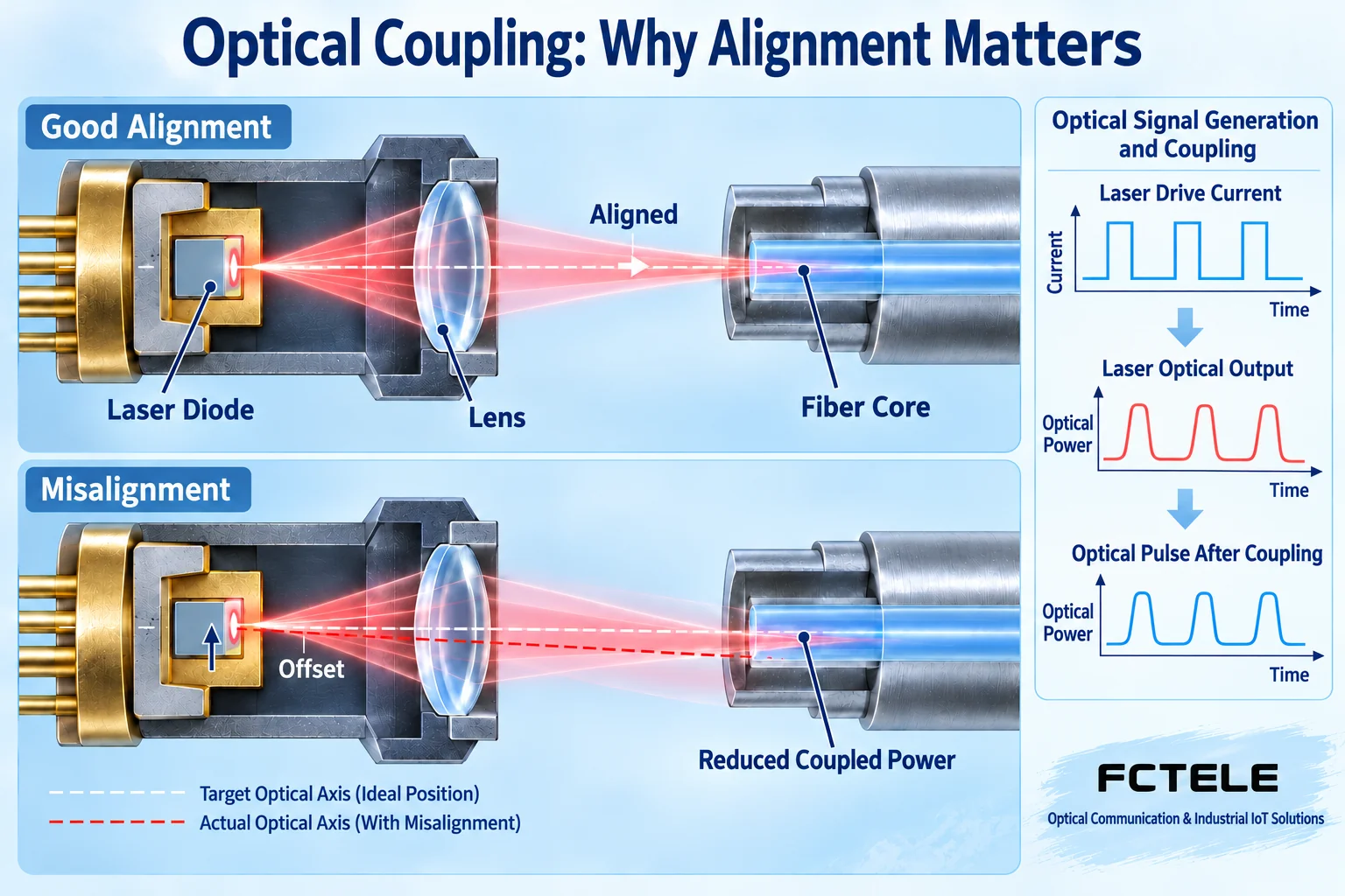 Generic optical coupling showing how assembly misalignment reduces power entering a fiber
