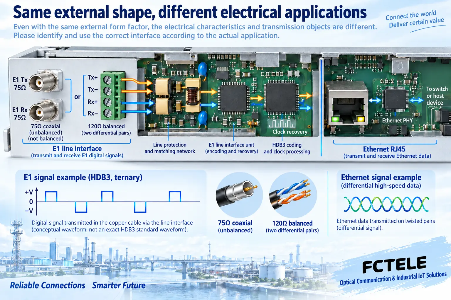 E1 and Ethernet connector shapes can be similar, but the electrical interfaces and processing circuits are different; verify pins according to the delivered model.