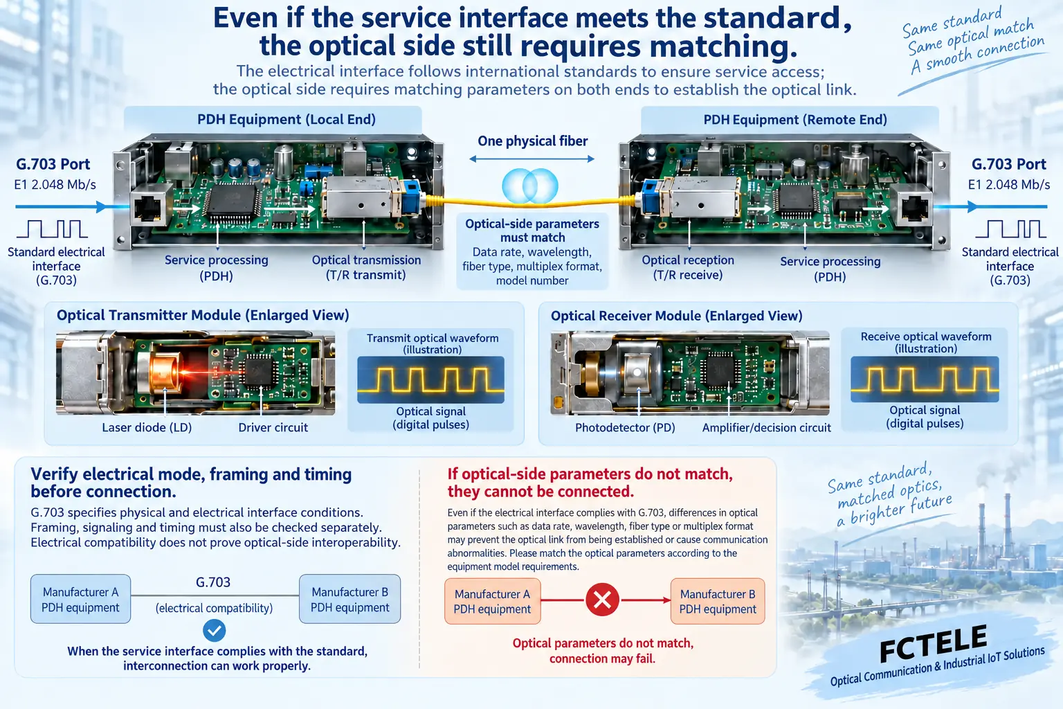 Even if the service electrical interface meets the relevant standard, the optical-side rate, multiplexing format, and configuration still need to be checked separately.