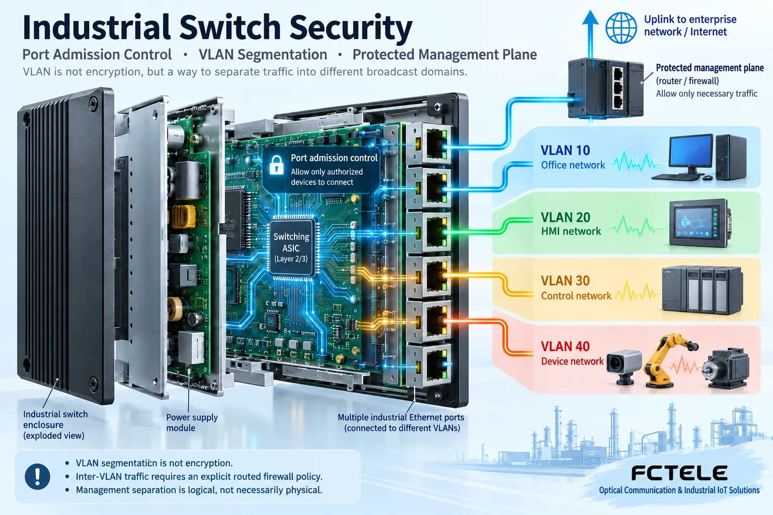 VLANs and access control limit communication paths; they do not mean that messages are already encrypted.