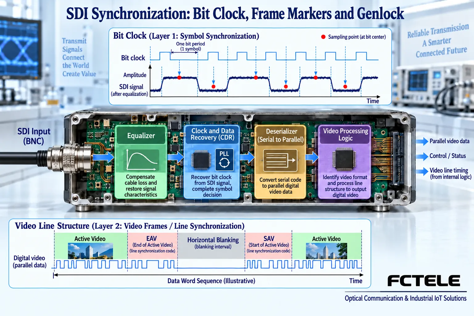 Bit clock recovery and video line structure identification belong to different processing layers; the waveform and data word sequence are mechanism illustrations.