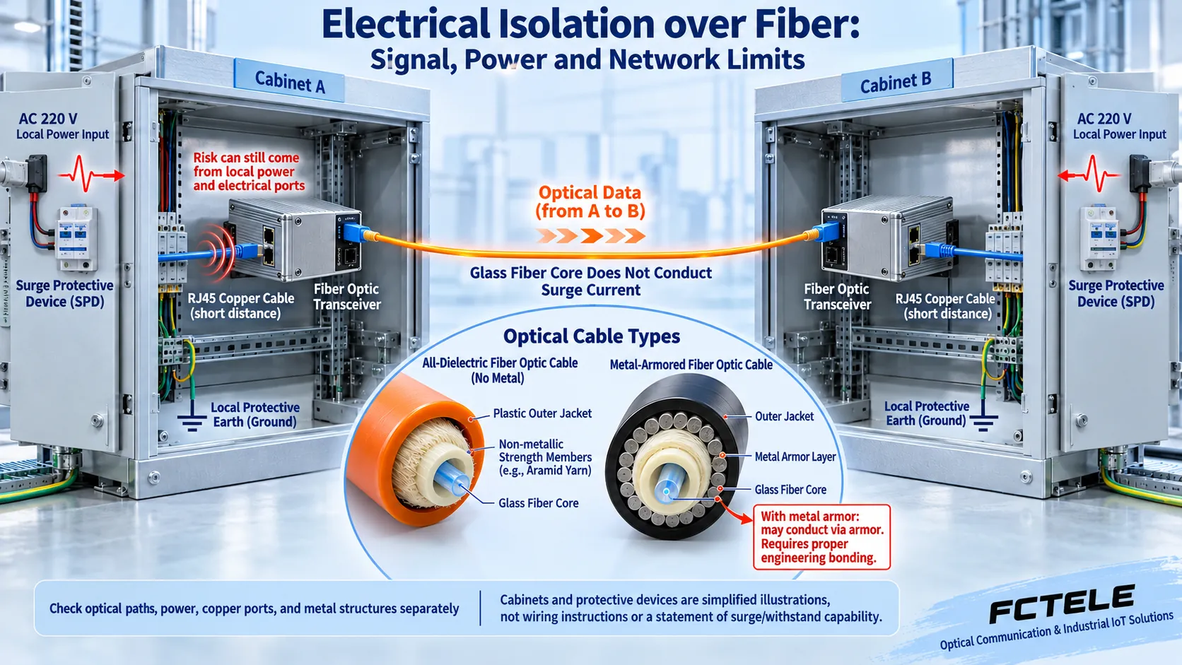Cross-section of two locally powered cabinets, a fiber data path, and all-dielectric and metal-armored fiber cables