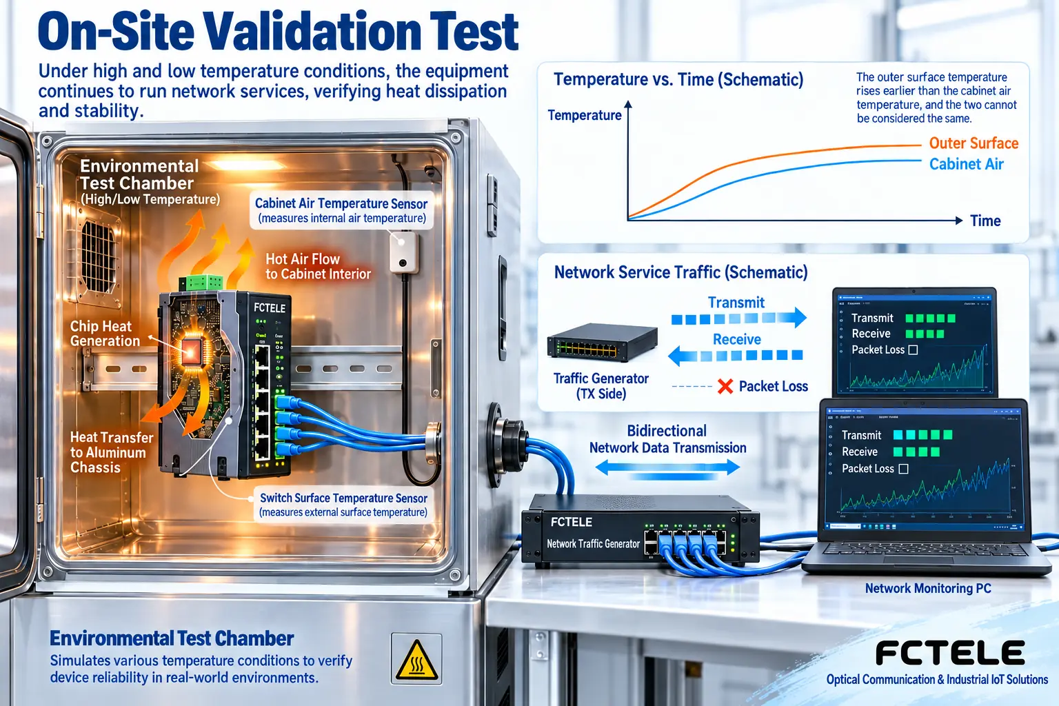 A switch in an environmental chamber continuously forwards service traffic, heat transfers from the chip to the metal casing and surrounding air, and external instruments monitor sending and receiving