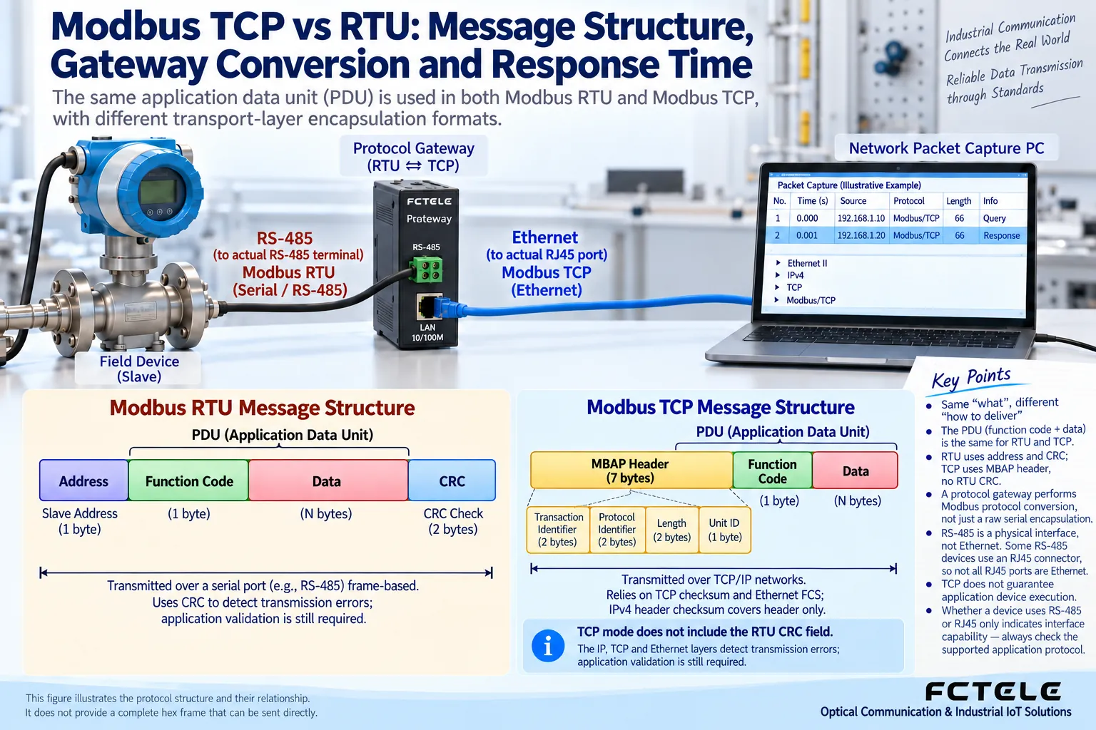 The PDU meaning of RTU and TCP is the same; only the outer encapsulation is different. The diagram does not provide a complete hexadecimal message that can be sent directly.