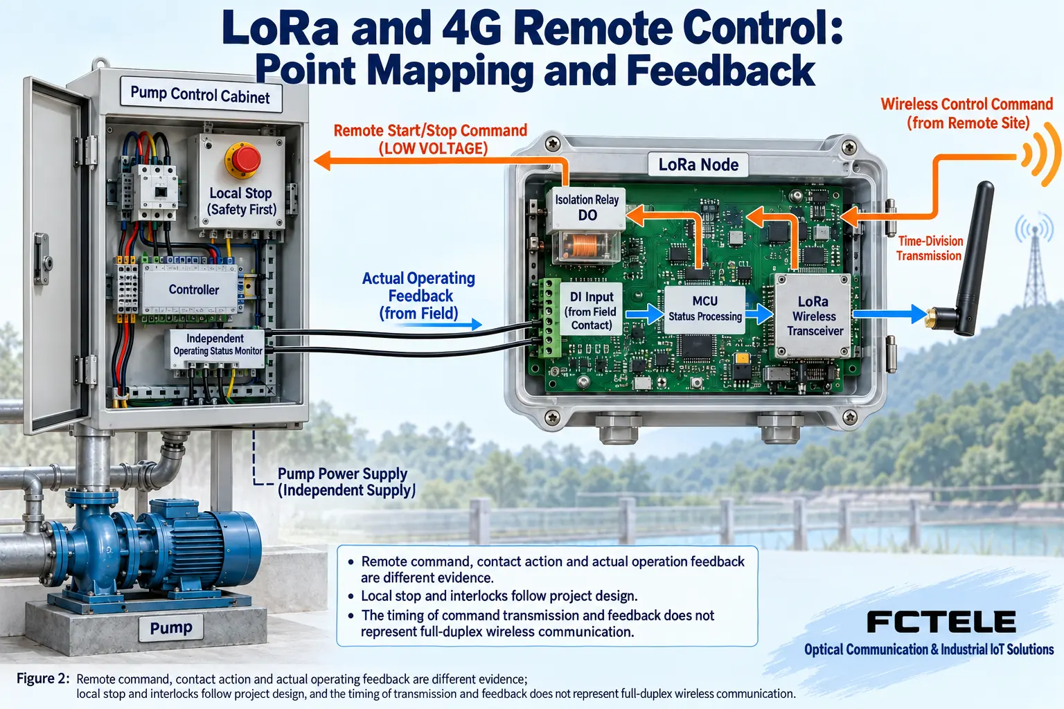 Remote commands entering a node and being controlled through low-voltage contacts, with actual status returned by an independent field operating contact