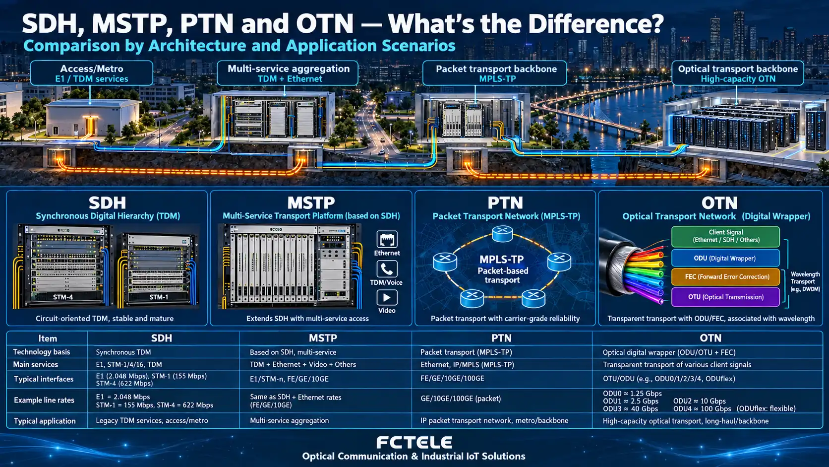 SDH vs MSTP vs PTN vs OTN: Bearer Layers and Application Scenarios Compared equipment, environment and link relationships