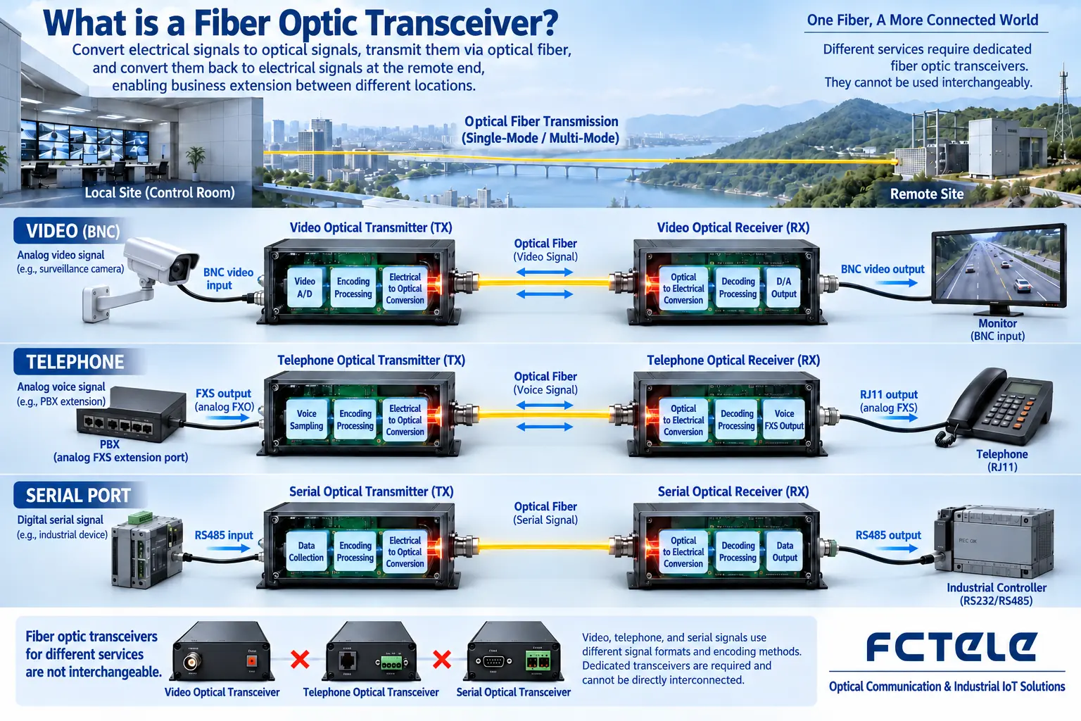 Services such as video, telephone, and serial port have different interfaces and processing methods. The same optical fiber does not mean the same service protocol.