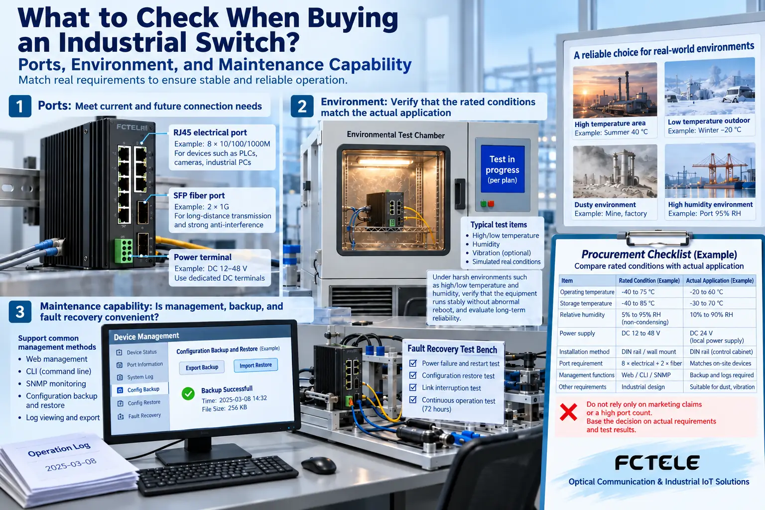 When purchasing, compare interfaces, corresponding test conditions, and configuration backups. The table and display are examples only.