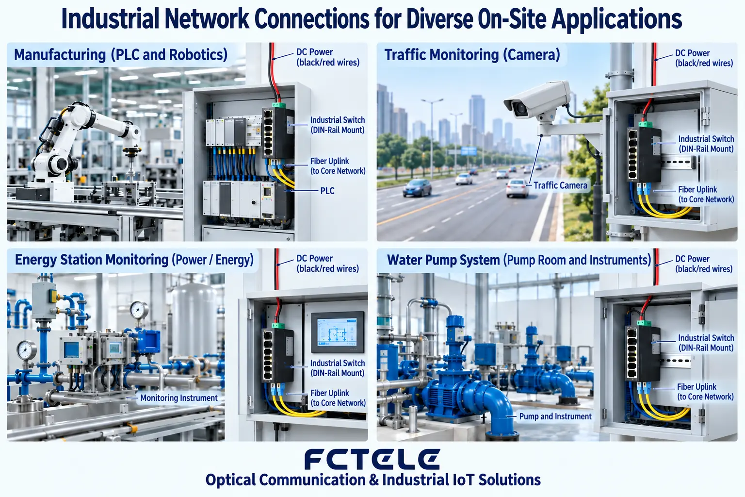 The field operations of manufacturing, transportation, energy, and water differ, so switches need to match the corresponding devices and operating conditions.
