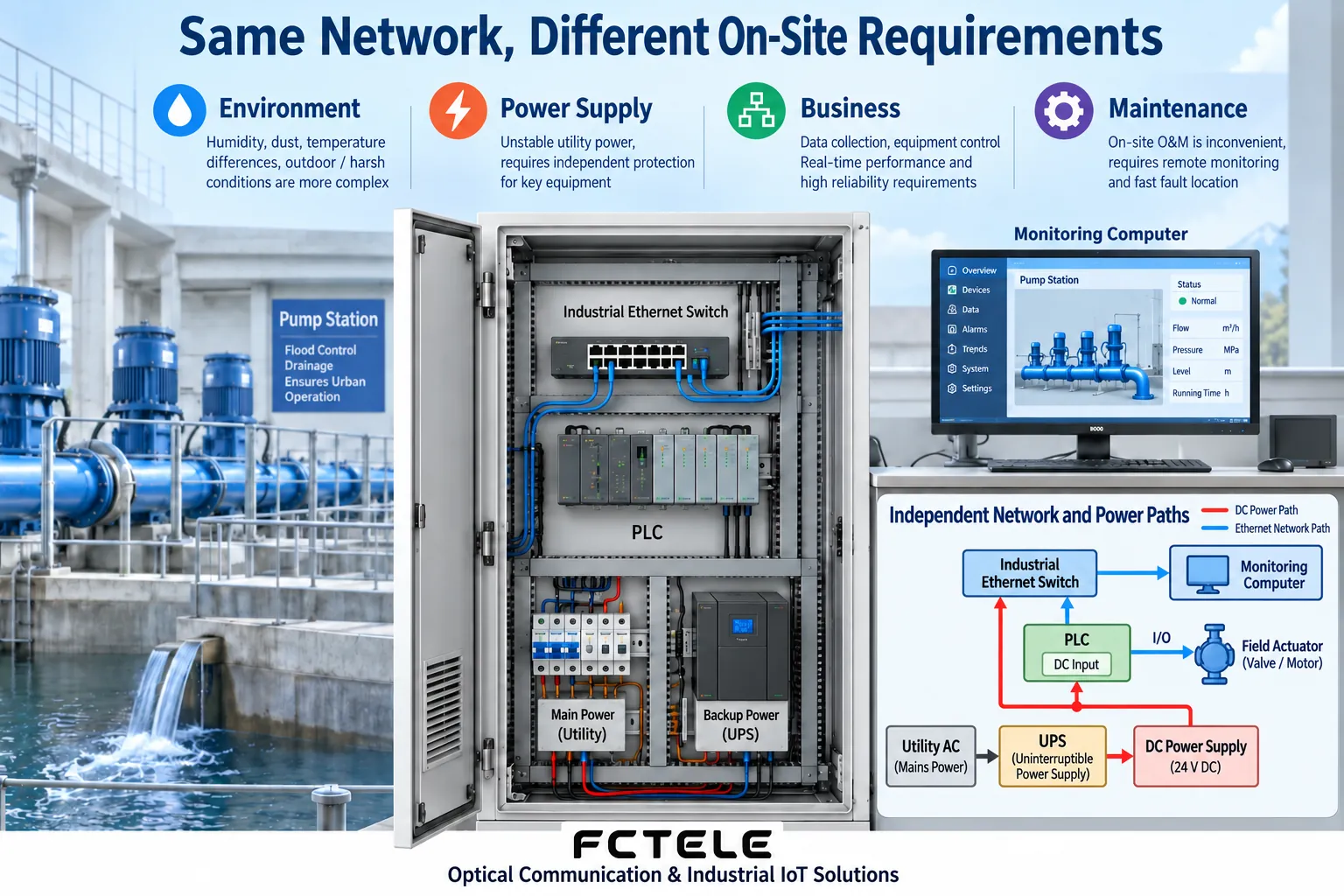 Communication and power supply paths should be planned separately; an illustrative redundancy is not proof that a specific project has met the standard.