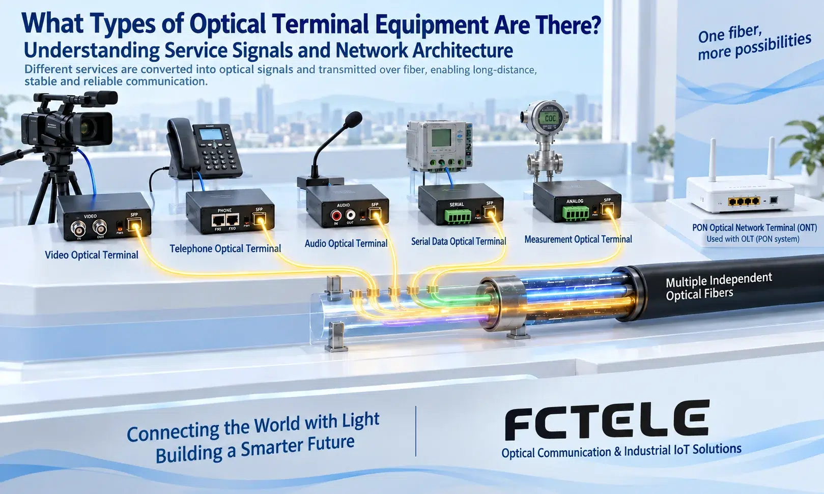 Product categories are distinguished by service interface; fiber is only the common transmission medium. The equipment in the figure is a conceptual scenario.