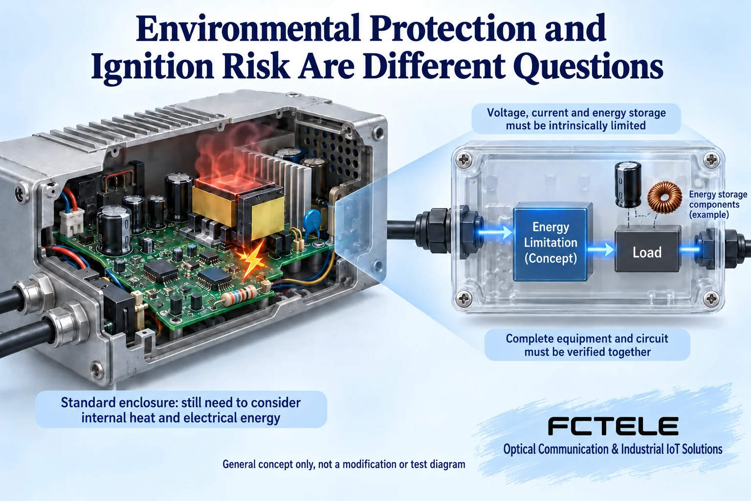 A cutaway of an ordinary enclosure shows the concept of heat and electrical ignition sources from internal circuits, while another abstract energy-limited circuit shows the protection concept of constrained voltage, current, and stored energy